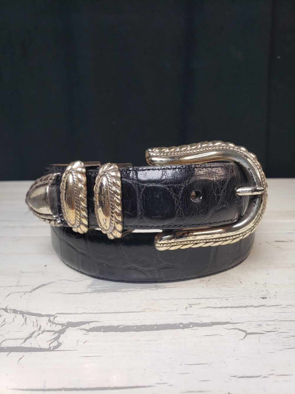 Brighton Alligator Embossed Leather Belt w/ Silver-Tone Western Buckle - size M